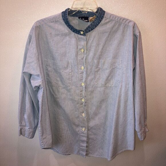 Vintage Solutions Womens 2X Blue White Striped Banded Collar Button Up Shirt - Picture 4 of 8